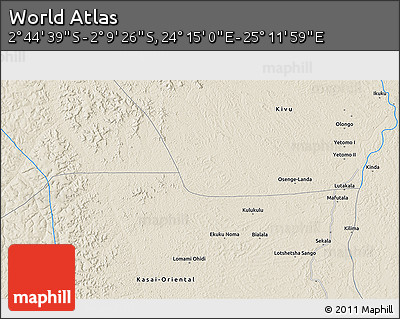 Shaded Relief 3D Map of the Area around 2° 27' 3" S, 24° 43' 30" E