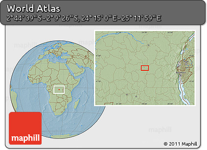 Savanna Style Location Map of the Area around 2° 27' 3" S, 24° 43' 30" E, hill shading