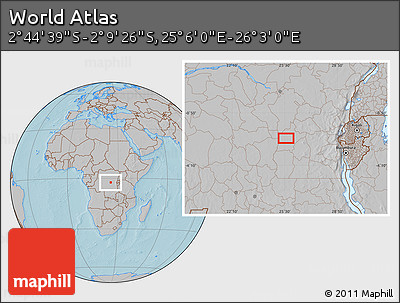 Gray Location Map of the Area around 2° 27' 3" S, 25° 34' 30" E, hill shading