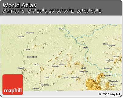 Physical 3D Map of the Area around 2° 27' 3" S, 26° 25' 29" E
