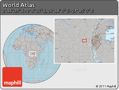 Gray Location Map of the Area around 2° 27' 3" S, 27° 16' 29" E, hill shading