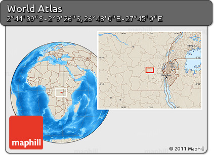 Shaded Relief Location Map of the Area around 2° 27' 3" S, 27° 16' 29" E