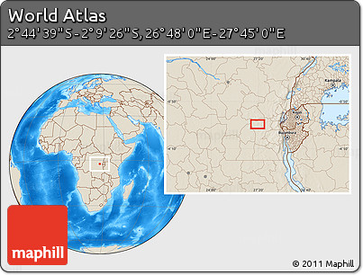 Shaded Relief Location Map of the Area around 2° 27' 3" S, 27° 16' 29" E