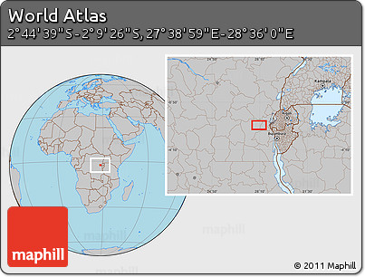 Gray Location Map of the Area around 2° 27' 3" S, 28° 7' 30" E