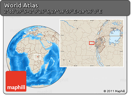 Shaded Relief Location Map of the Area around 2° 27' 3" S, 28° 7' 30" E