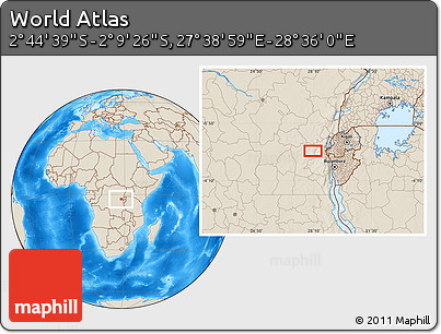 Shaded Relief Location Map of the Area around 2° 27' 3" S, 28° 7' 30" E