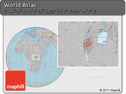 Gray Location Map of the Area around 2° 27' 3" S, 29° 49' 30" E, hill shading