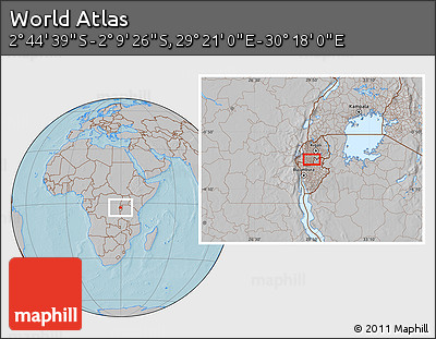 Gray Location Map of the Area around 2° 27' 3" S, 29° 49' 30" E, hill shading