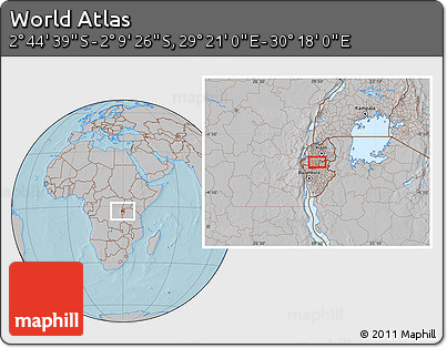 Gray Location Map of the Area around 2° 27' 3" S, 29° 49' 30" E, hill shading