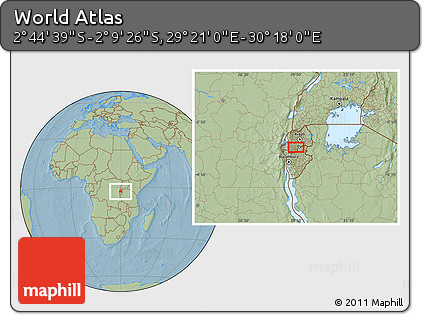 Savanna Style Location Map of the Area around 2° 27' 3" S, 29° 49' 30" E, hill shading
