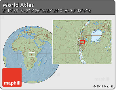 Savanna Style Location Map of the Area around 2° 27' 3" S, 29° 49' 30" E, hill shading