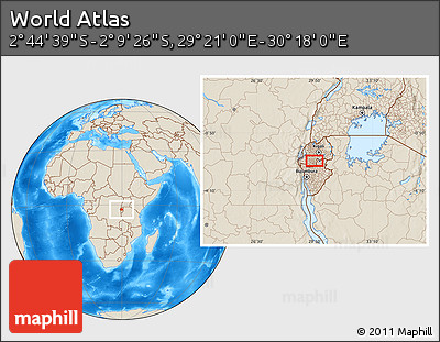 Shaded Relief Location Map of the Area around 2° 27' 3" S, 29° 49' 30" E