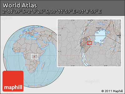 Gray Location Map of the Area around 2° 27' 3" S, 30° 40' 29" E, hill shading