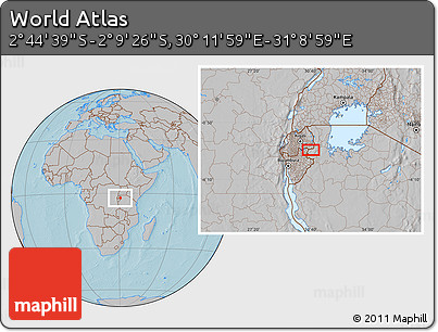 Gray Location Map of the Area around 2° 27' 3" S, 30° 40' 29" E, hill shading
