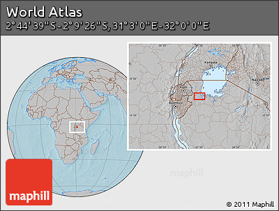 Gray Location Map of the Area around 2° 27' 3" S, 31° 31' 29" E, hill shading