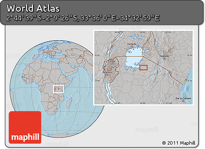 Gray Location Map of the Area around 2° 27' 3" S, 34° 4' 30" E, hill shading