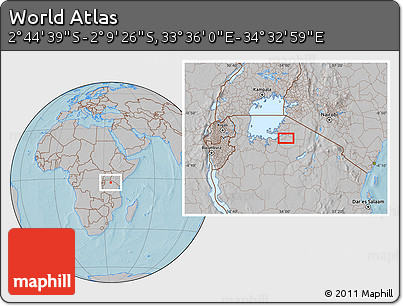 Gray Location Map of the Area around 2° 27' 3" S, 34° 4' 30" E, hill shading