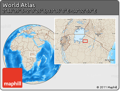 Shaded Relief Location Map of the Area around 2° 27' 3" S, 34° 4' 30" E