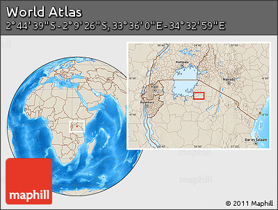 Shaded Relief Location Map of the Area around 2° 27' 3" S, 34° 4' 30" E