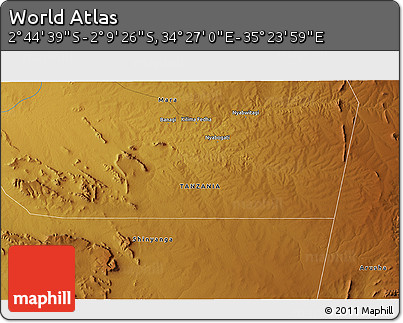 Physical 3D Map of the Area around 2° 27' 3" S, 34° 55' 29" E
