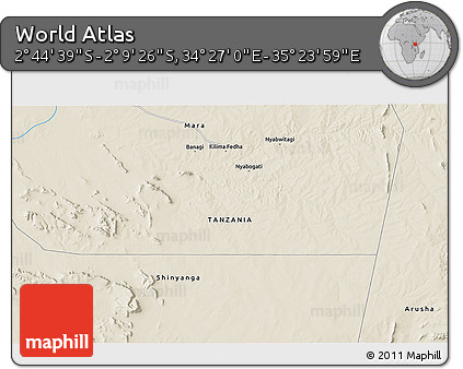 Shaded Relief 3D Map of the Area around 2° 27' 3" S, 34° 55' 29" E