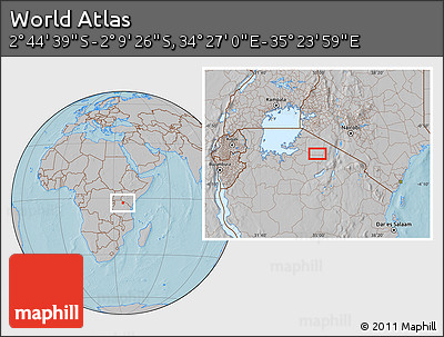 Gray Location Map of the Area around 2° 27' 3" S, 34° 55' 29" E, hill shading