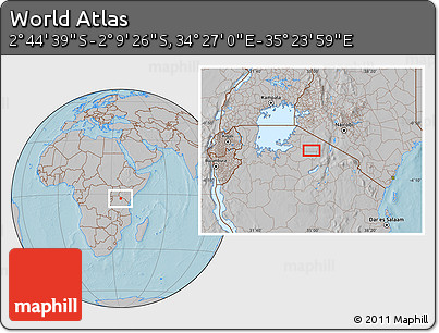 Gray Location Map of the Area around 2° 27' 3" S, 34° 55' 29" E, hill shading