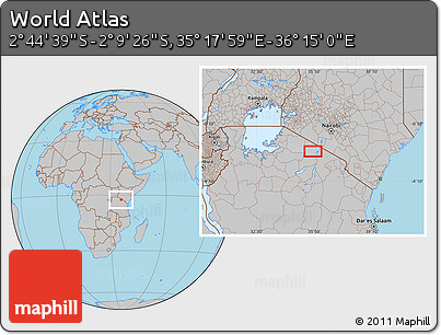 Gray Location Map of the Area around 2° 27' 3" S, 35° 46' 29" E