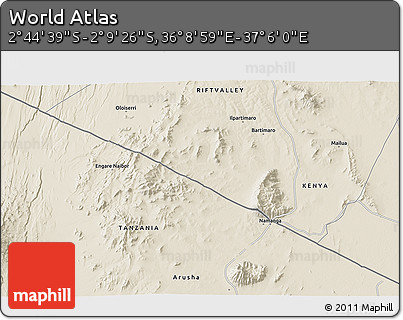 Shaded Relief 3D Map of the Area around 2° 27' 3" S, 36° 37' 30" E