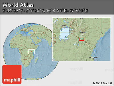 Savanna Style Location Map of the Area around 2° 27' 3" S, 36° 37' 30" E, hill shading