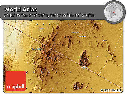 Physical Map of the Area around 2° 27' 3" S, 36° 37' 30" E