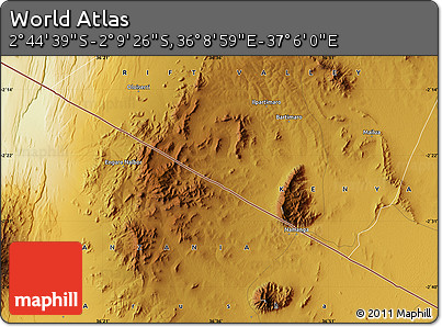 Physical Map of the Area around 2° 27' 3" S, 36° 37' 30" E