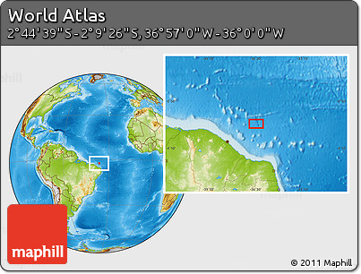 Physical Location Map of the Area around 2° 27' 3" S, 36° 28' 30" W