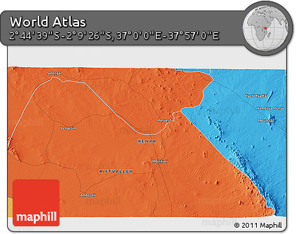 Political 3D Map of the Area around 2° 27' 3" S, 37° 28' 30" E
