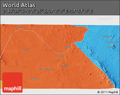 Political 3D Map of the Area around 2° 27' 3" S, 37° 28' 30" E
