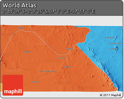 Political 3D Map of the Area around 2° 27' 3" S, 37° 28' 30" E