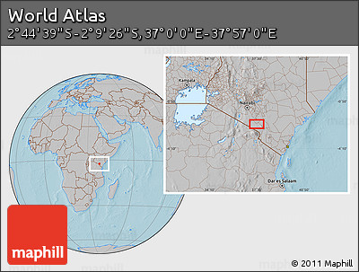 Gray Location Map of the Area around 2° 27' 3" S, 37° 28' 30" E, hill shading