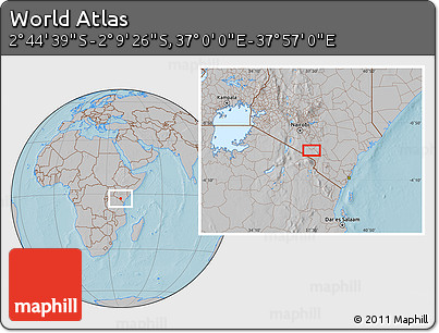 Gray Location Map of the Area around 2° 27' 3" S, 37° 28' 30" E, hill shading