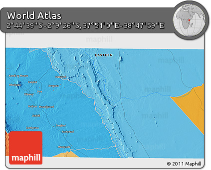 Political 3D Map of the Area around 2° 27' 3" S, 38° 19' 30" E