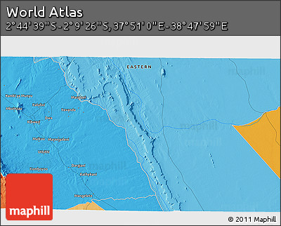 Political 3D Map of the Area around 2° 27' 3" S, 38° 19' 30" E