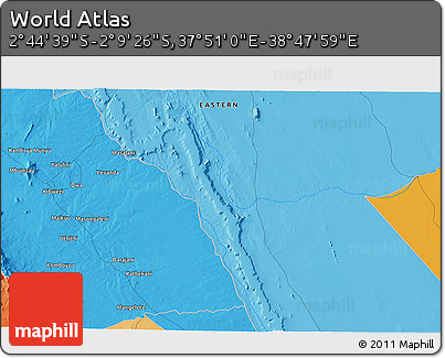 Political 3D Map of the Area around 2° 27' 3" S, 38° 19' 30" E