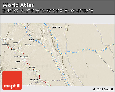 Shaded Relief 3D Map of the Area around 2° 27' 3" S, 38° 19' 30" E