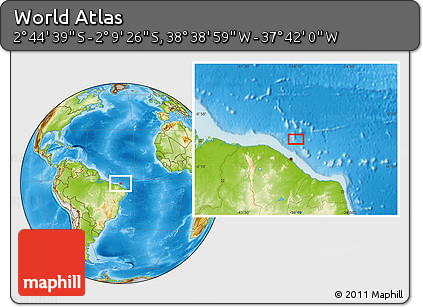 Physical Location Map of the Area around 2° 27' 3" S, 38° 10' 29" W