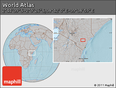 Gray Location Map of the Area around 2° 27' 3" S, 39° 10' 29" E, hill shading