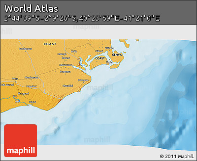 Political 3D Map of the Area around 2° 27' 3" S, 40° 52' 30" E