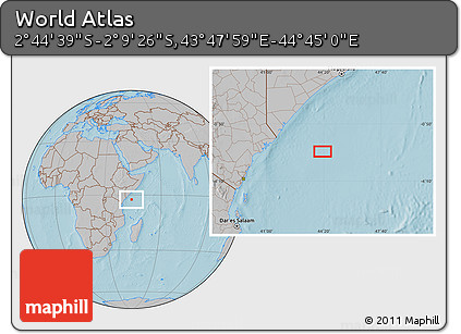 Gray Location Map of the Area around 2° 27' 3" S, 44° 16' 29" E, hill shading