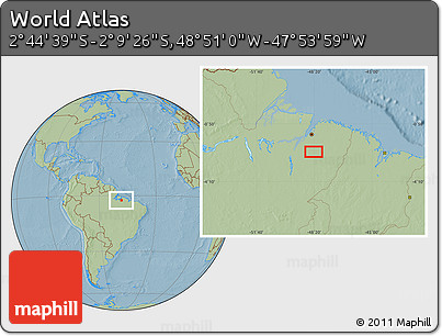 Savanna Style Location Map of the Area around 2° 27' 3" S, 48° 22' 30" W, hill shading