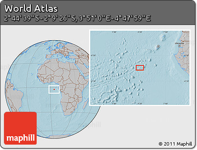 Gray Location Map of the Area around 2° 27' 3" S, 4° 19' 30" E, hill shading