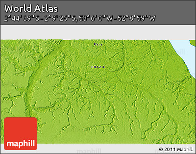 Physical 3D Map of the Area around 2° 27' 3" S, 52° 37' 30" W