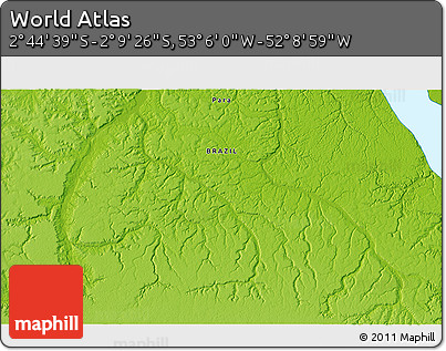 Physical 3D Map of the Area around 2° 27' 3" S, 52° 37' 30" W